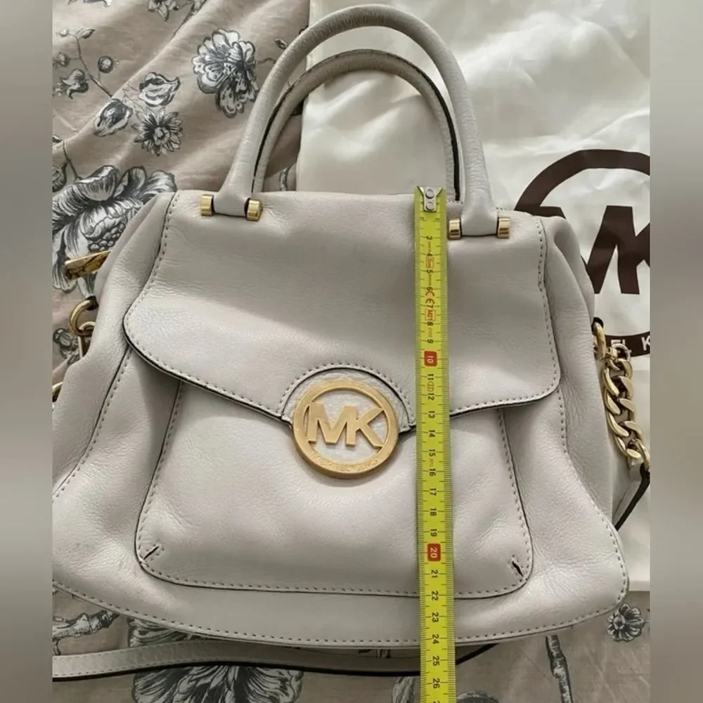 Michael Kors Mk Designer Light Gray Fulton Satchel Purse Bag Gold Accents